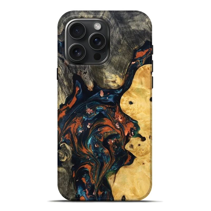 iPhone 16 Pro Max Wood Live Edge Phone Case - Joana (Teal & Gold, 829855)