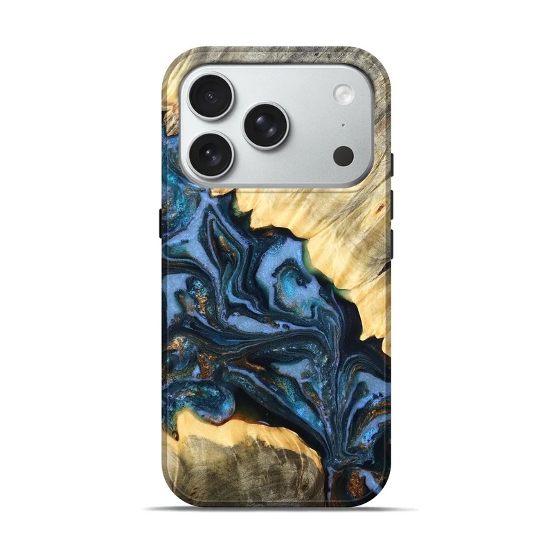 iPhone 18 Pro Wood Live Edge Phone Case - Jaslene (Teal & Gold, 829859)