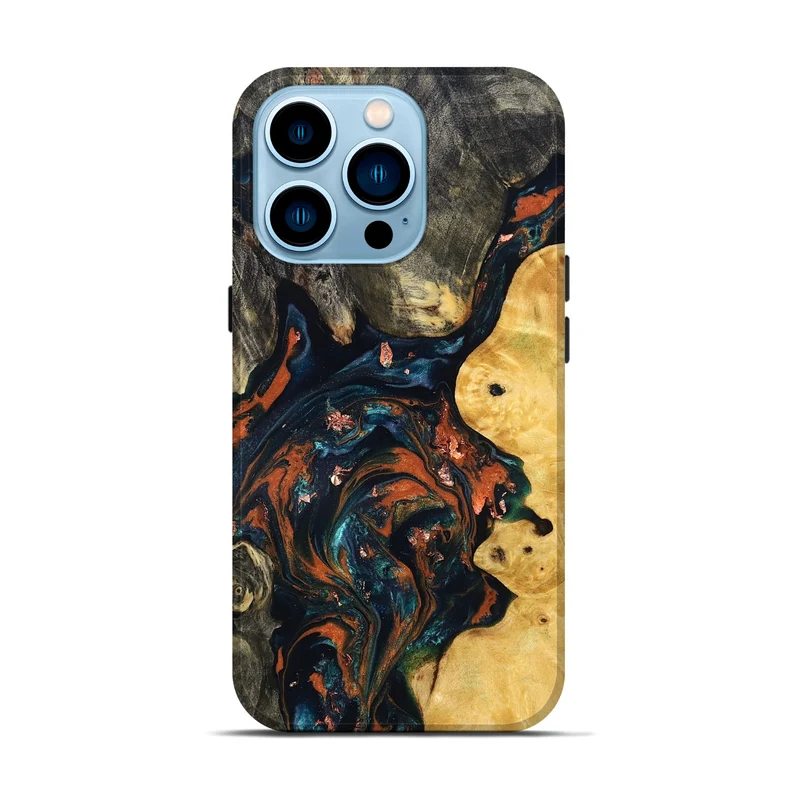 iPhone 14 Pro Wood Live Edge Phone Case - Joana (Teal & Gold, 829855)