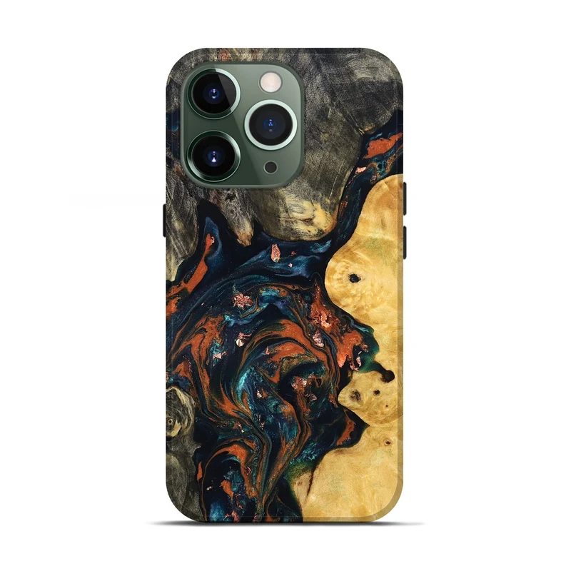 iPhone 13 Pro Wood Live Edge Phone Case - Joana (Teal & Gold, 829855)