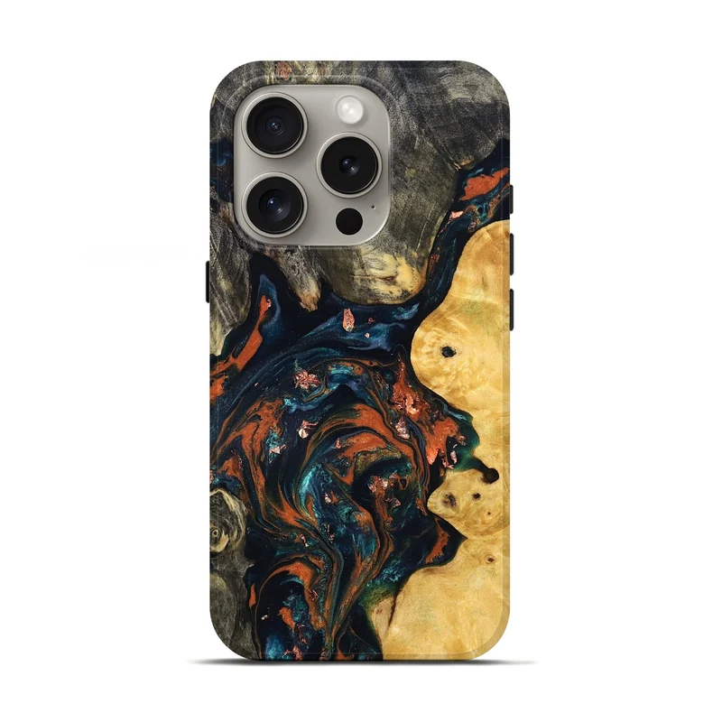 iPhone 16 Pro Wood Live Edge Phone Case - Joana (Teal & Gold, 829855)