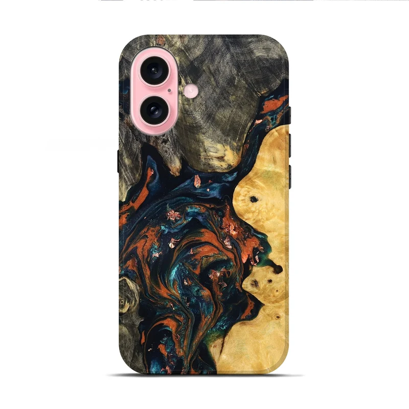 iPhone 16 Wood Live Edge Phone Case - Joana (Teal & Gold, 829855)