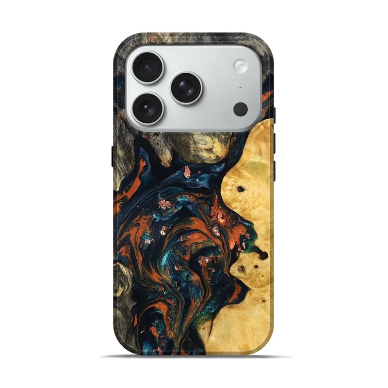iPhone 18 Pro Wood Live Edge Phone Case - Joana (Teal & Gold, 829855)