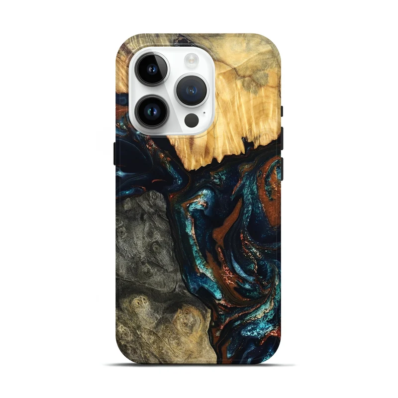 iPhone 15 Pro Wood Live Edge Phone Case - Boyd (Teal & Gold, 829843)