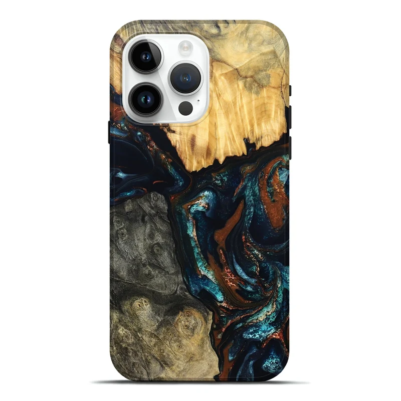 iPhone 15 Pro Max Wood Live Edge Phone Case - Boyd (Teal & Gold, 829843)