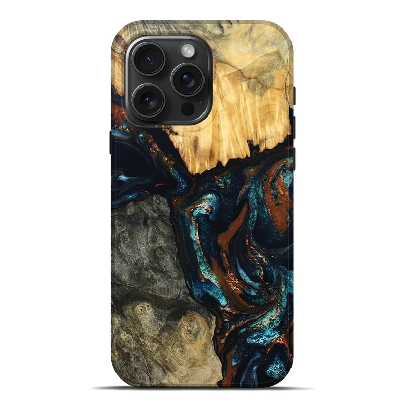 iPhone 16 Pro Max Wood Live Edge Phone Case - Boyd (Teal & Gold, 829843)