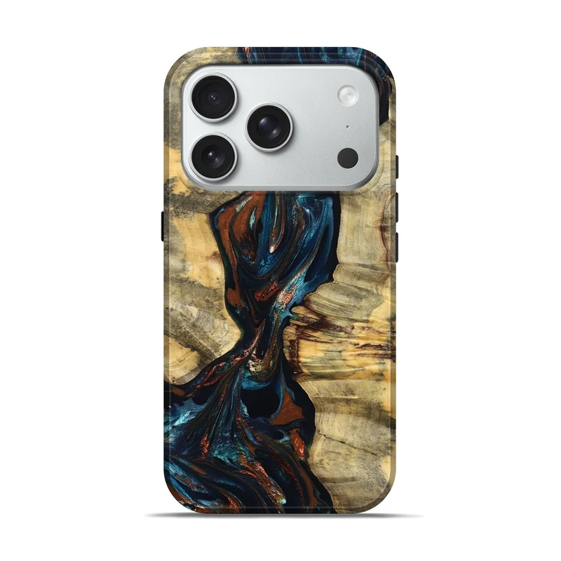 iPhone 18 Pro Wood Live Edge Phone Case - Luz (Teal & Gold, 829845)