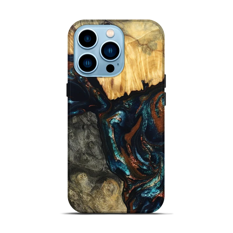 iPhone 14 Pro Wood Live Edge Phone Case - Boyd (Teal & Gold, 829843)