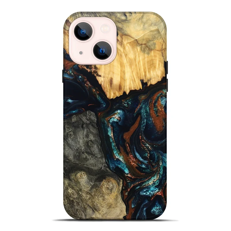 iPhone 14 Plus Wood Live Edge Phone Case - Boyd (Teal & Gold, 829843)