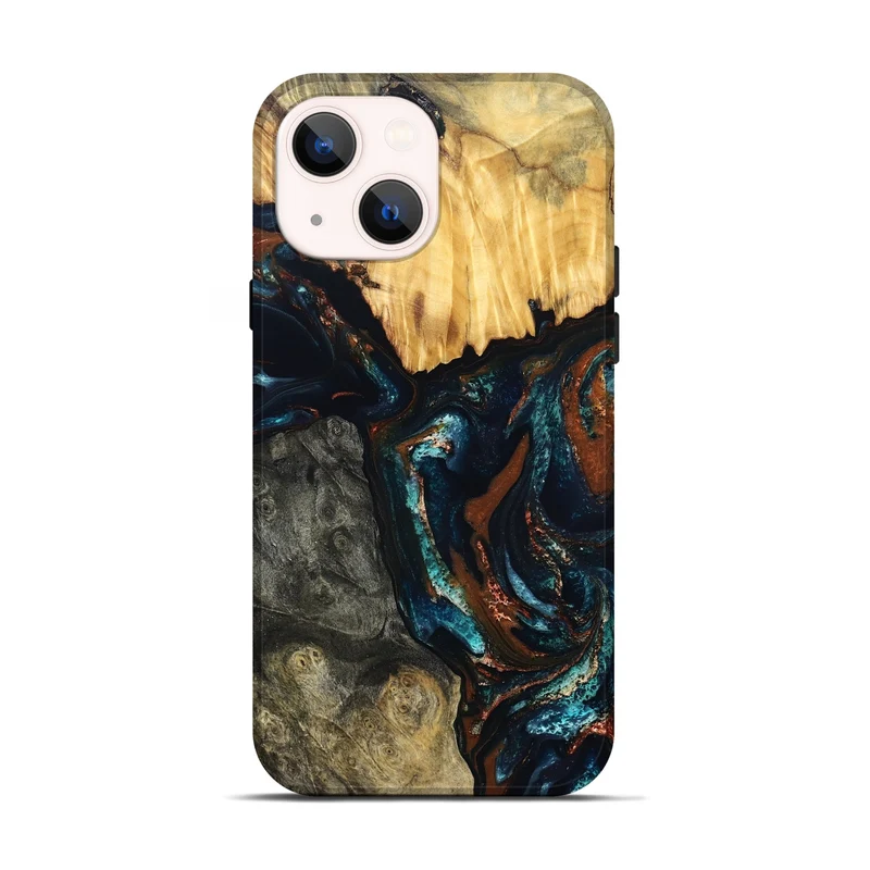 iPhone 14 Wood Live Edge Phone Case - Boyd (Teal & Gold, 829843)