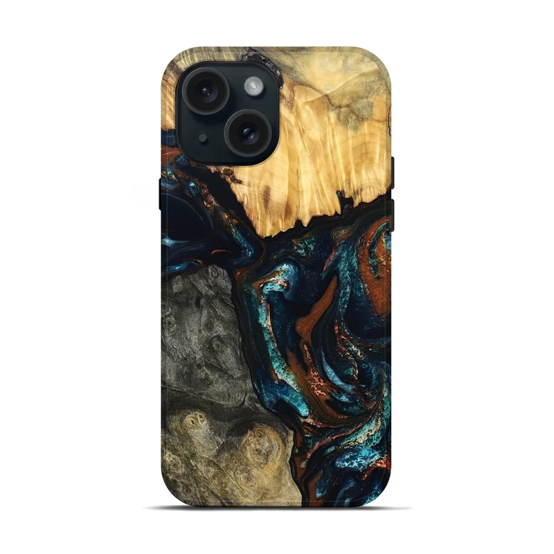 iPhone 15 Wood Live Edge Phone Case - Boyd (Teal & Gold, 829843)