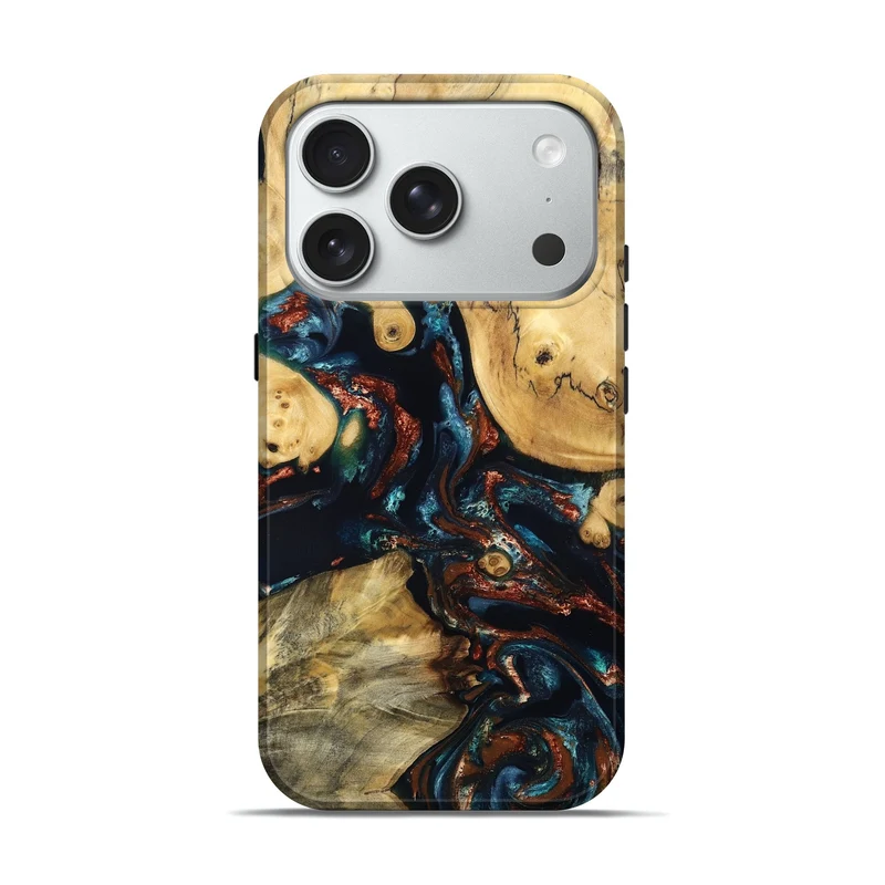 iPhone 18 Pro Wood Live Edge Phone Case - Mable (Teal & Gold, 829844)