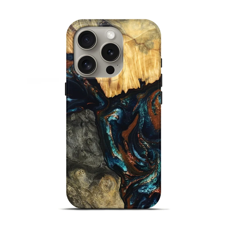 iPhone 16 Pro Wood Live Edge Phone Case - Boyd (Teal & Gold, 829843)