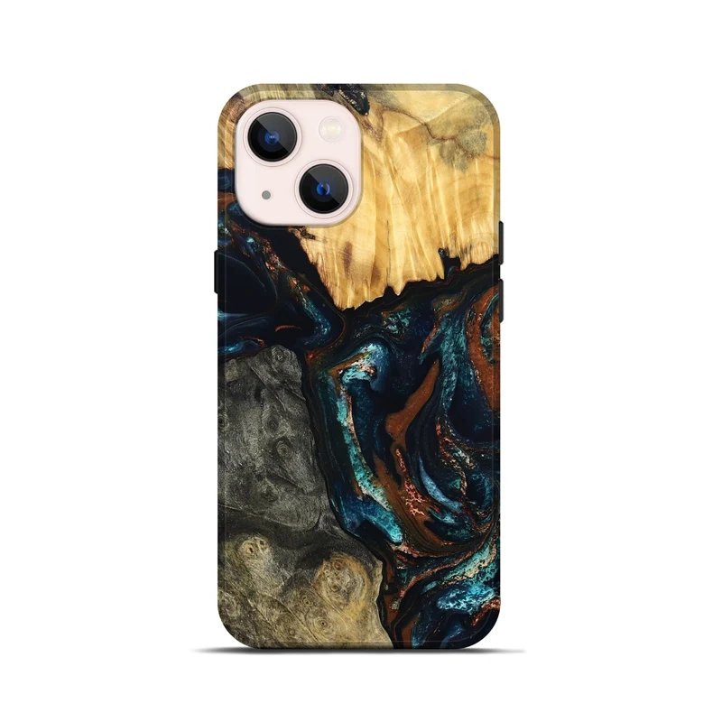 iPhone 13 mini Wood Live Edge Phone Case - Boyd (Teal & Gold, 829843)