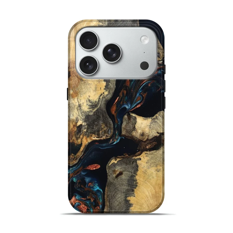 iPhone 18 Pro Wood Live Edge Phone Case - Janene (Teal & Gold, 829839)