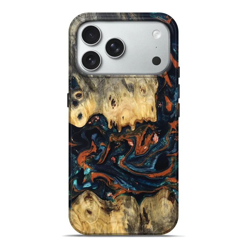 iPhone 18 Pro Max Wood Live Edge Phone Case - Orval (Teal & Gold, 829828)