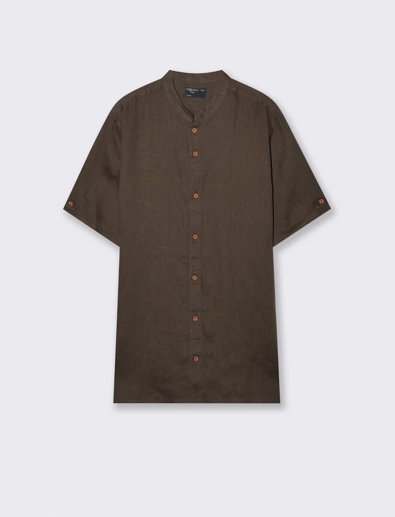 Camicia coreana manica corta in lino - Moro