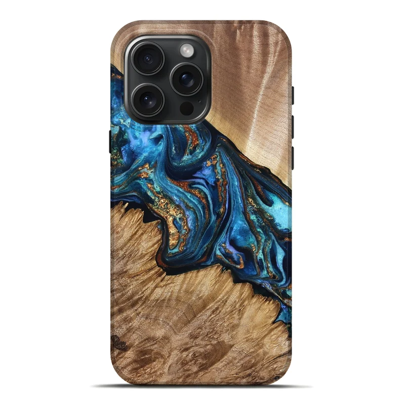 iPhone 16 Pro Max Wood Live Edge Phone Case - Kameron (Teal & Gold, 829821)