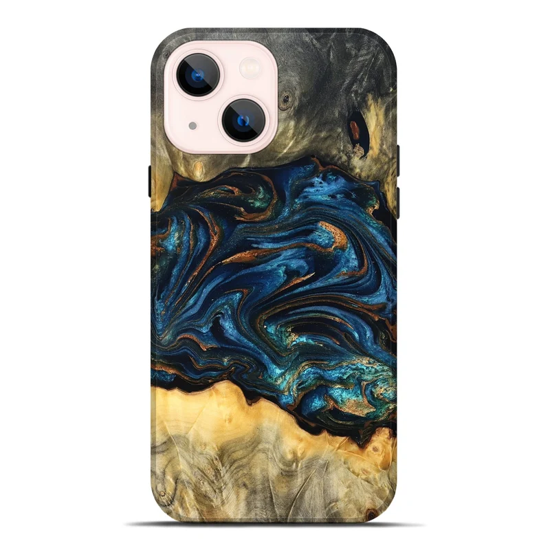 iPhone 14 Plus Wood Live Edge Phone Case - Tempie (Teal & Gold, 829816)