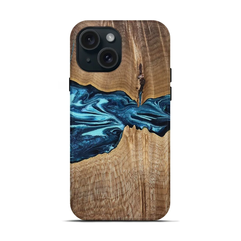 iPhone 15 Wood Live Edge Phone Case - Zackary (Blue, 829804)