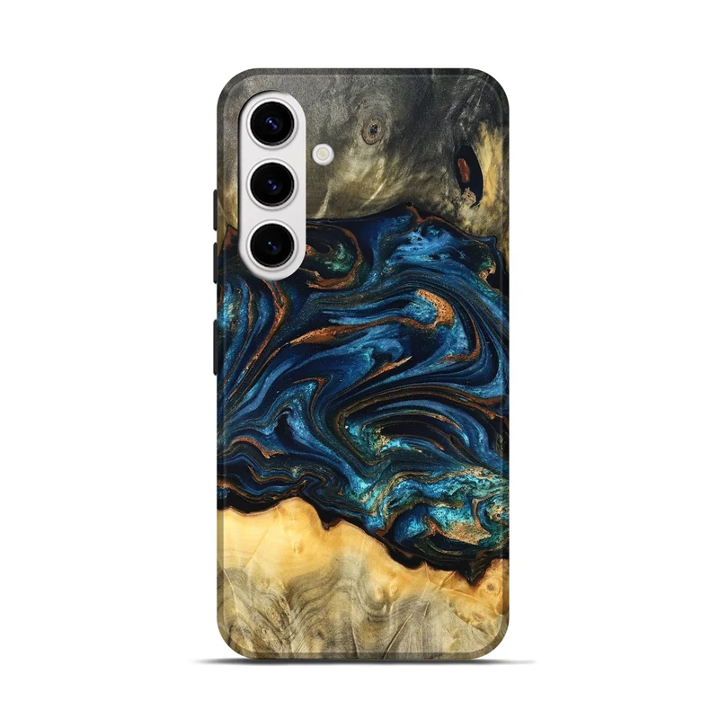 Galaxy S25 Wood Live Edge Phone Case - Tempie (Teal & Gold, 829816)