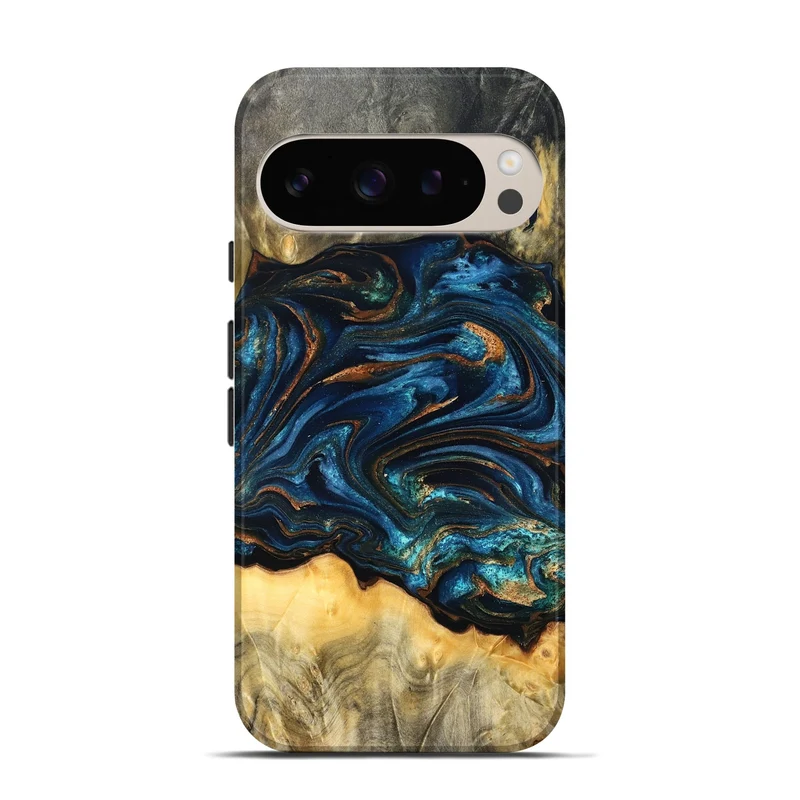 Pixel 9 Pro Wood Live Edge Phone Case - Tempie (Teal & Gold, 829816)