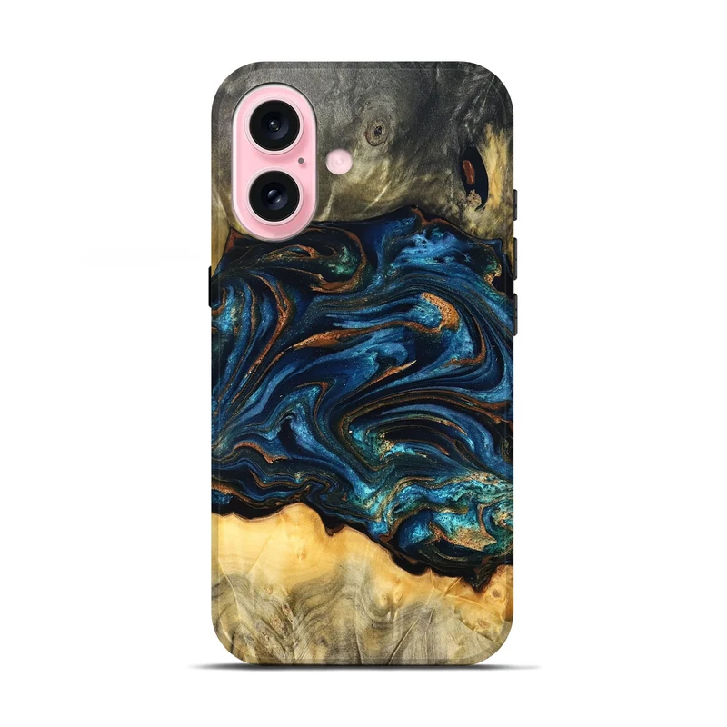 iPhone 17 Wood Live Edge Phone Case - Tempie (Teal & Gold, 829816)