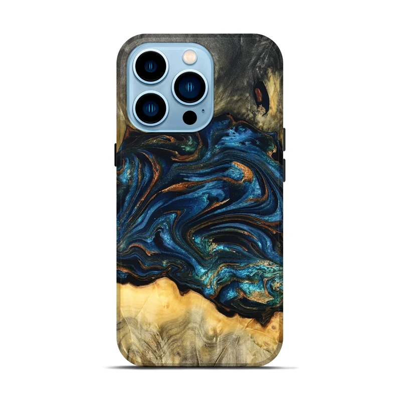 iPhone 14 Pro Wood Live Edge Phone Case - Tempie (Teal & Gold, 829816)