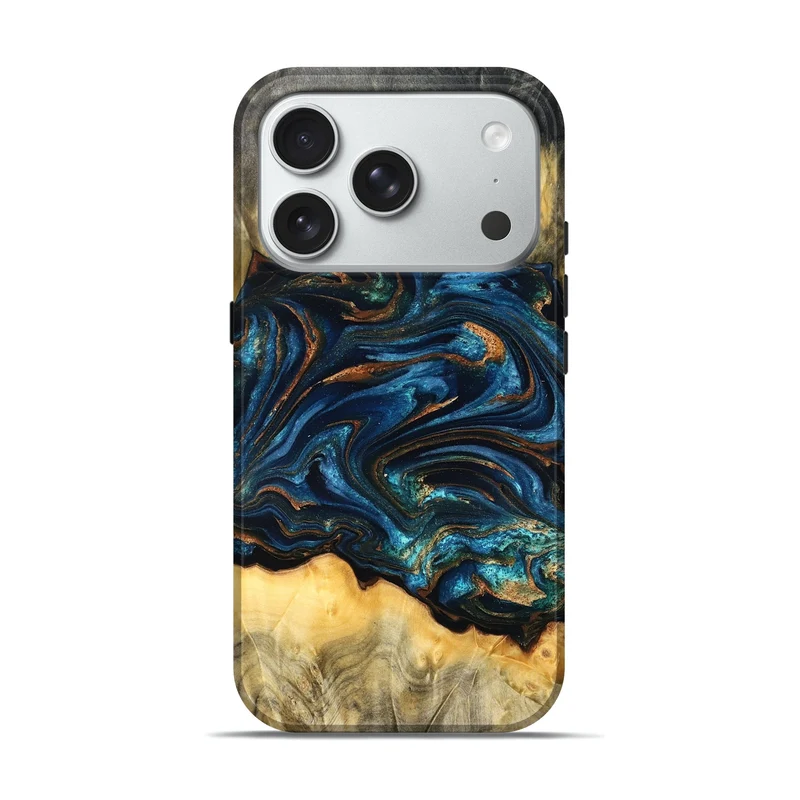 iPhone 18 Pro Wood Live Edge Phone Case - Tempie (Teal & Gold, 829816)