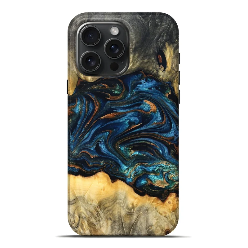 iPhone 16 Pro Max Wood Live Edge Phone Case - Tempie (Teal & Gold, 829816)