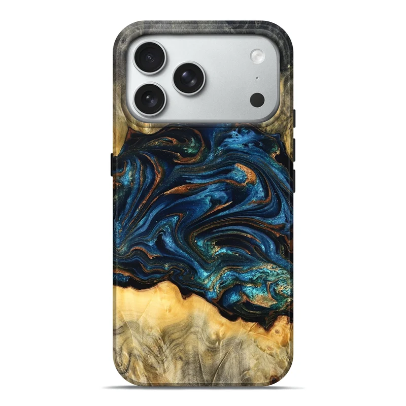 iPhone 18 Pro Max Wood Live Edge Phone Case - Tempie (Teal & Gold, 829816)