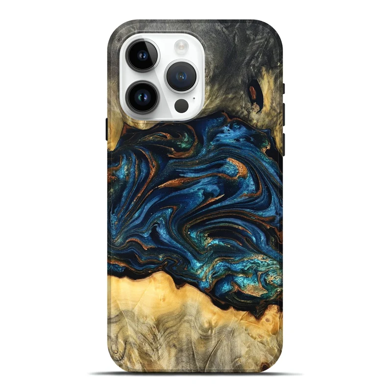 iPhone 15 Pro Max Wood Live Edge Phone Case - Tempie (Teal & Gold, 829816)