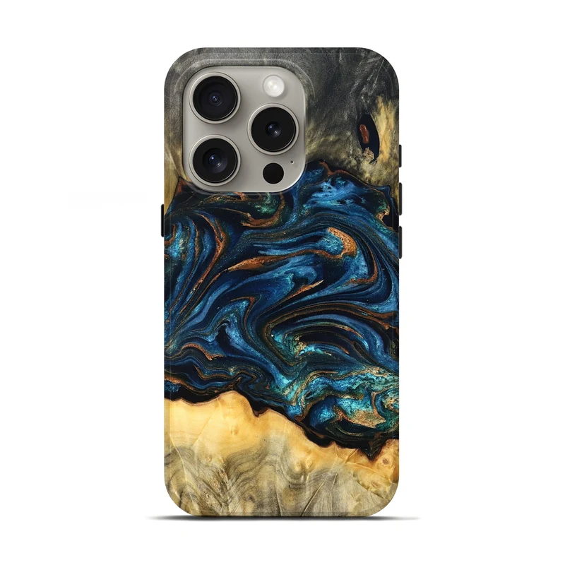 iPhone 16 Pro Wood Live Edge Phone Case - Tempie (Teal & Gold, 829816)