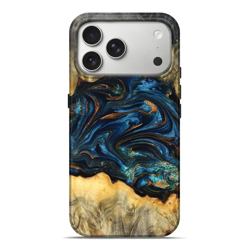 iPhone 17 Pro Max Wood Live Edge Phone Case - Tempie (Teal & Gold, 829816)