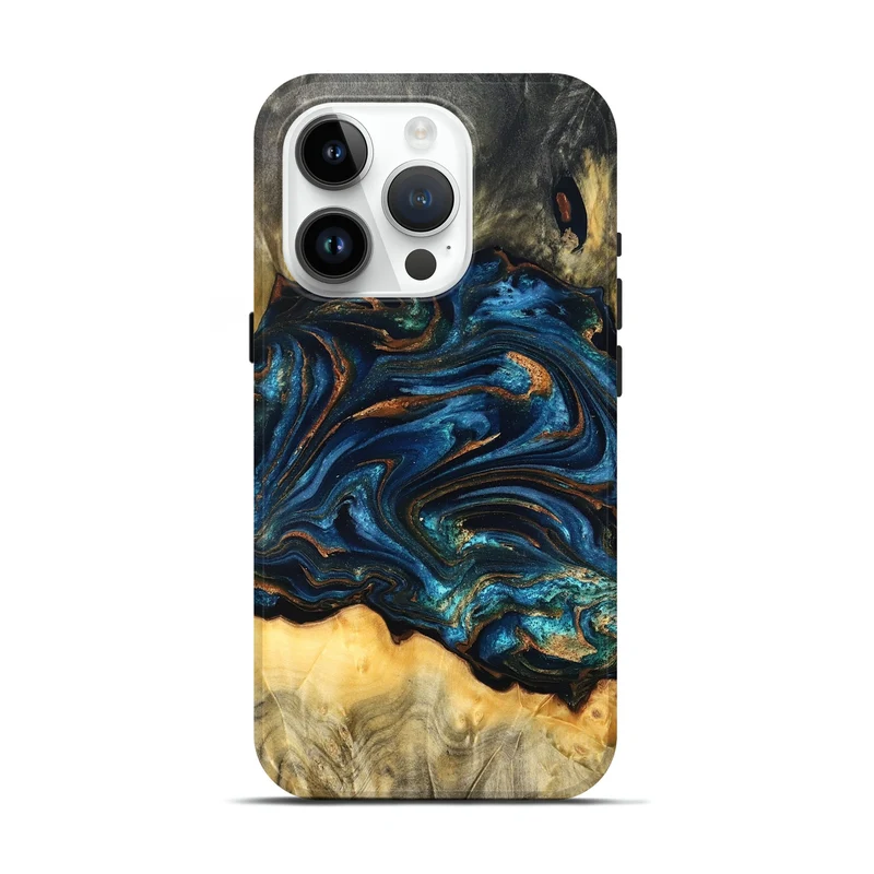 iPhone 15 Pro Wood Live Edge Phone Case - Tempie (Teal & Gold, 829816)
