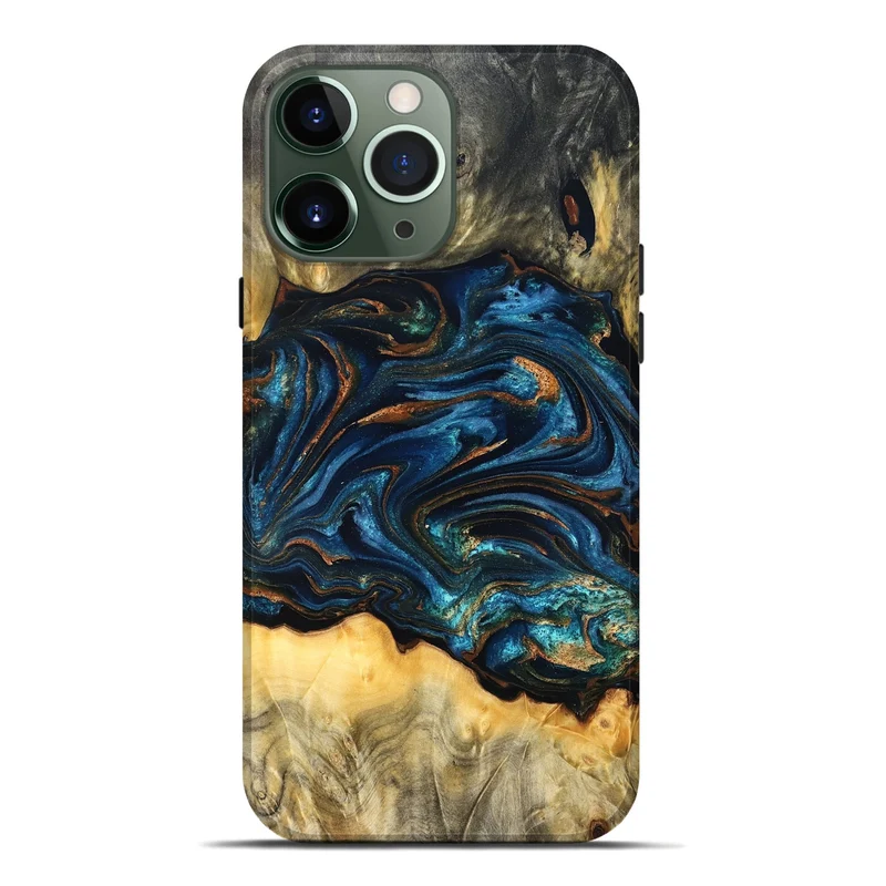 iPhone 13 Pro Max Wood Live Edge Phone Case - Tempie (Teal & Gold, 829816)