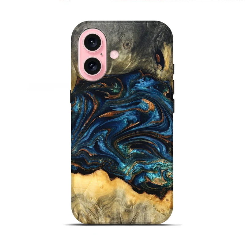 iPhone 16 Wood Live Edge Phone Case - Tempie (Teal & Gold, 829816)
