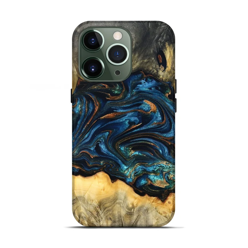 iPhone 13 Pro Wood Live Edge Phone Case - Tempie (Teal & Gold, 829816)