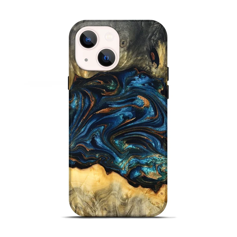 iPhone 13 Wood Live Edge Phone Case - Tempie (Teal & Gold, 829816)