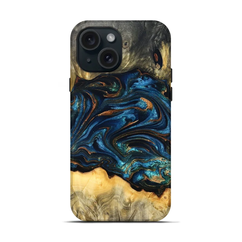 iPhone 15 Wood Live Edge Phone Case - Tempie (Teal & Gold, 829816)